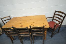 A LARGE PINE RECTANGULAR KITCHEN TABLE, length 154cm x depth 85cm x 76cm, on turned legs, along with