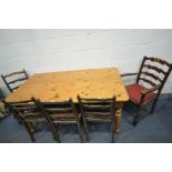 A LARGE PINE RECTANGULAR KITCHEN TABLE, length 154cm x depth 85cm x 76cm, on turned legs, along with