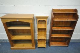 A PINE OPEN BOOKCASE with two adjustable shelves, width 76cm x depth 33cm x height 107cm, a pitch