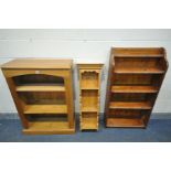 A PINE OPEN BOOKCASE with two adjustable shelves, width 76cm x depth 33cm x height 107cm, a pitch