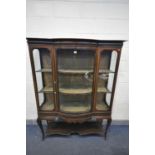 AN EDWARDIAN MAHOGANY AND INLAID SINGLE DOOR DISPLAY CABINET, with two shelves. a single drawer,