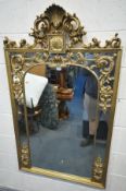 A LARGE RECTANGULAR GILT WOOD FRENCH WALL MIRROR, with carved foliate surmount and decoration, width