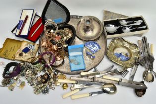 A BOX OF ASSORTED ITEMS, to include two silver nursing medallions, hallmarked 'W M Dowler & Sons'