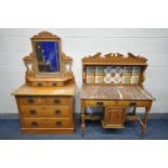 AN EDWARDIAN SATINWOOD TWO PIECE SUITE, comprising marble top washstand with a tile back, two