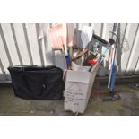 A FOLDING GARDEN LOUNGER CHAIR and storage bag, along with a box containing various hand tools, to