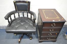 A LATE 20TH CENTURY SWIVEL OFFICE CHAIR, with black leatherette upholstery (some tears to