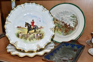 FOUR HUNTING THEMED PLATES, comprising a pair of Royal Crown Derby cabinet plates with printed and