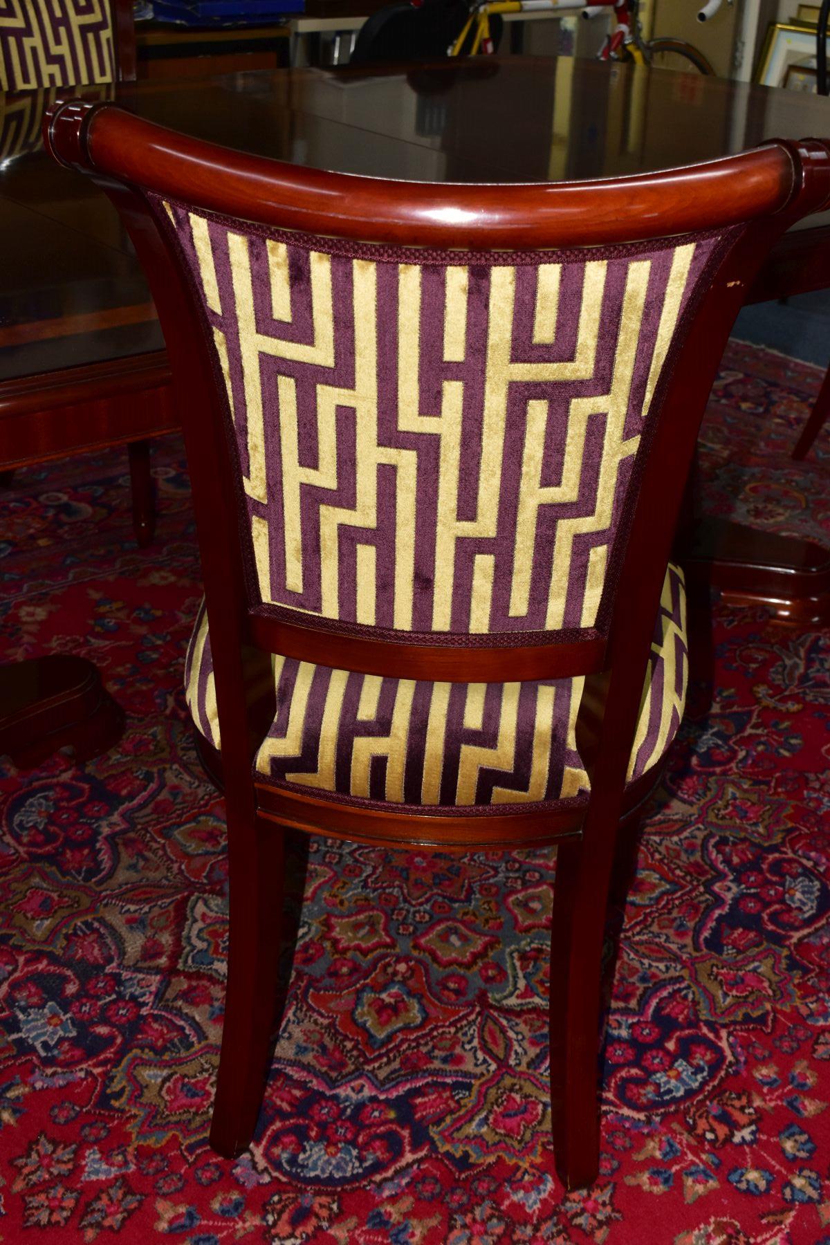 A CHARLES BARR MAHOGANY AND BURR WOOD INLAID EXTENDING PEDESTAL DINING TABLE, with one additional - Image 6 of 19