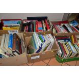 SIX BOXES OF BOOKS AND MAGAZINES ETC, books include Jackie Collins, Vogue covers, World Soccer,