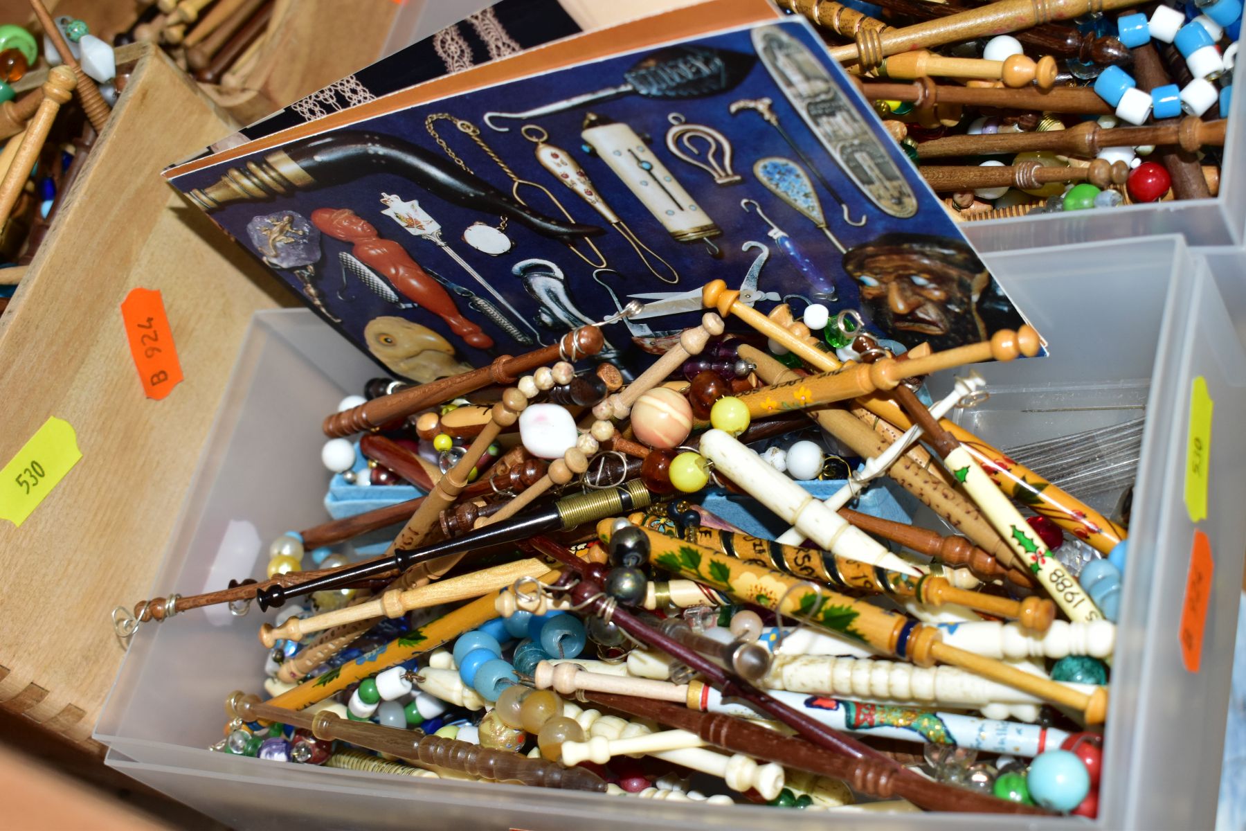 FOUR BOXES OF LACE MAKING BOBBINS, including bone, turned wood, plastic, commemorative printed and - Image 3 of 4