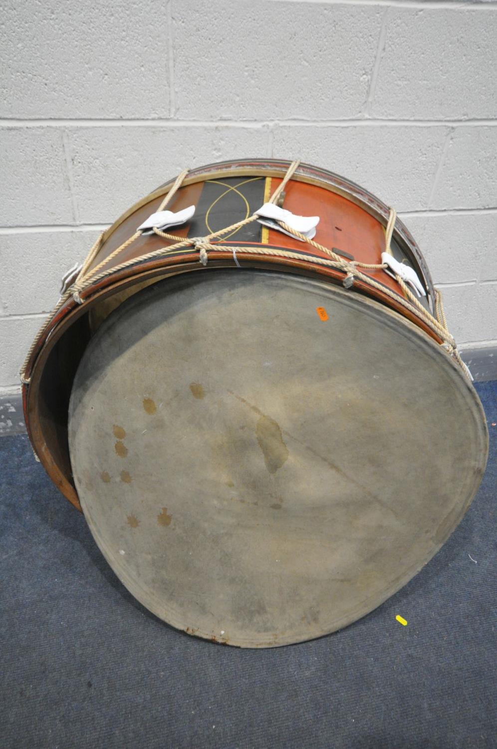 A LARGE MILITARY REGIMENTAL DRUM, approximately 88cm diameter x 40cm deep, the drum skin one side
