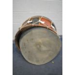 A LARGE MILITARY REGIMENTAL DRUM, approximately 88cm diameter x 40cm deep, the drum skin one side