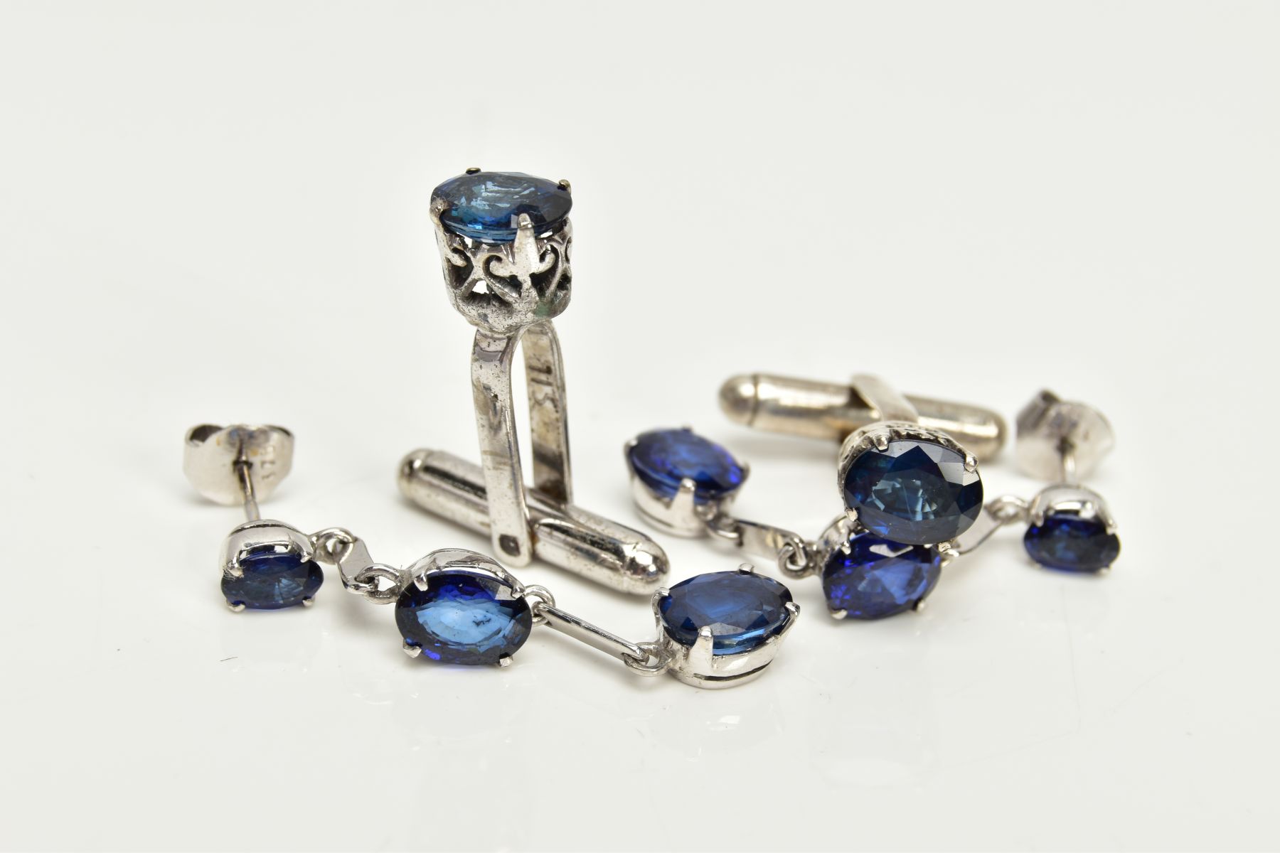 A PAIR OF 9CT WHITE GOLD SAPPHIRE DROP EARRINGS AND A PAIR OF WHITE METAL SAPPHIRE CUFFLINKS, the