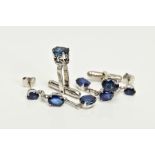 A PAIR OF 9CT WHITE GOLD SAPPHIRE DROP EARRINGS AND A PAIR OF WHITE METAL SAPPHIRE CUFFLINKS, the