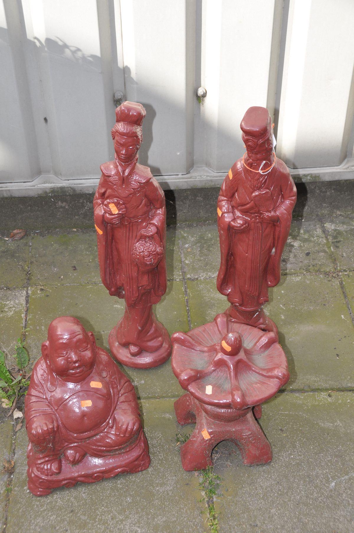FOUR RED FINISH COMPOSITE JAPANESE FIGURES, to include a male and female standing figure (loose head