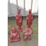FOUR RED FINISH COMPOSITE JAPANESE FIGURES, to include a male and female standing figure (loose head