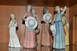 FOUR LLADRO FIGURES OF GIRLS WITH HATS AND TWO OTHER SPANISH PORCELAIN FIGURES, comprising Naughty