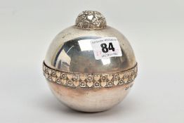 A COMMEMORATIVE SILVER ORB BOX, plain polished orb with flower and heart detailing round the rim,
