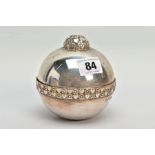 A COMMEMORATIVE SILVER ORB BOX, plain polished orb with flower and heart detailing round the rim,