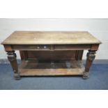AN EARLY 20TH CENTURY OAK SIDE TABLE, with two drawers, square tapered Corinthian columns, united by