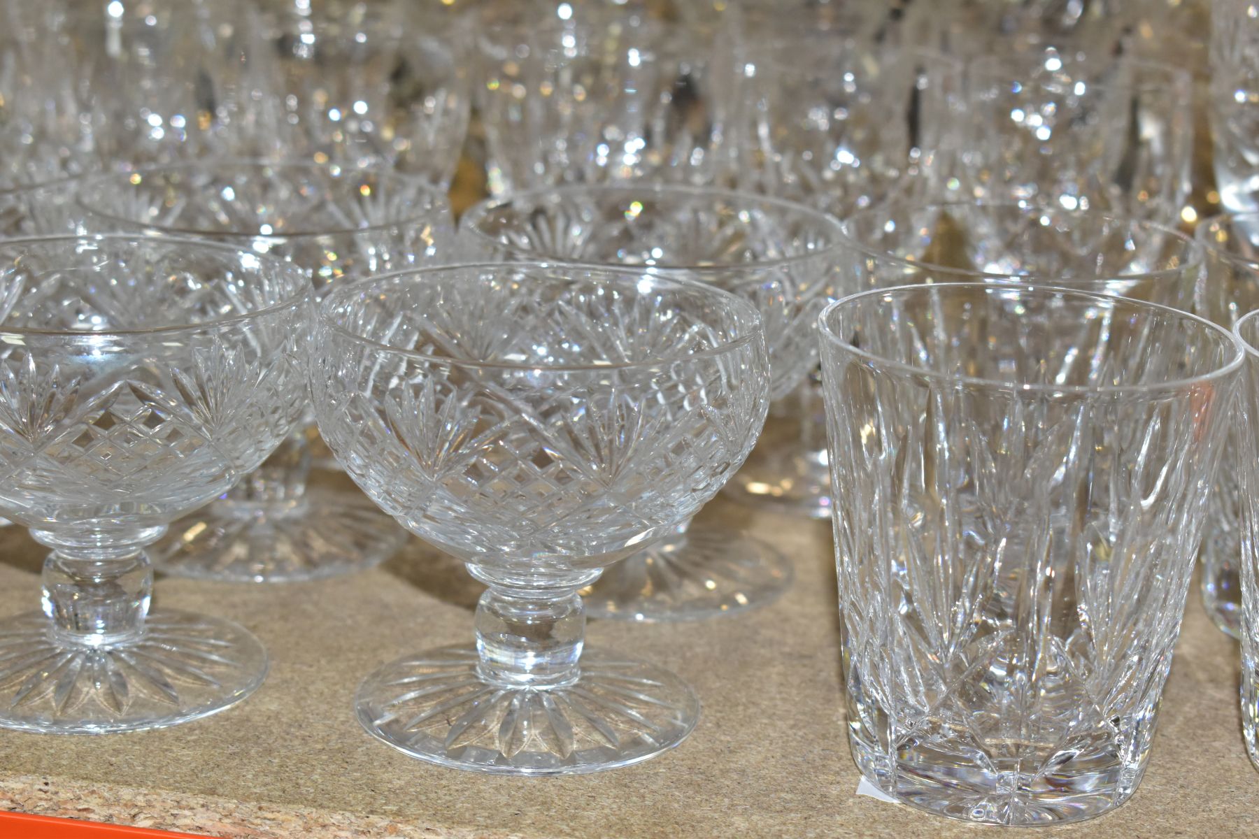 A QUANTITY OF CUT GLASS DRINKING GLASSES, twelve sets/part sets of glasses with some pairs and - Bild 2 aus 6