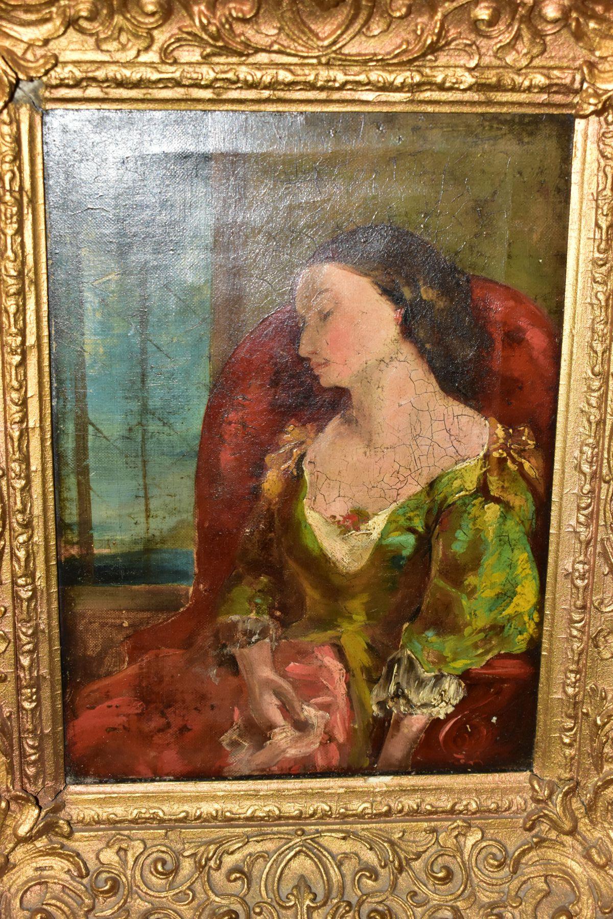 A 19TH CENTURY SEATED PORTRAIT OF A FEMALE FIGURE, unsigned oil on canvas, approximate size 28cm x - Bild 2 aus 4