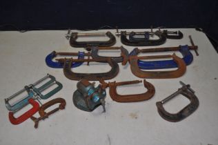 FIFTEEN G-CLAMPS comprising a pair of Malleable No2, two Malleable No6, three Record No4, a Woden
