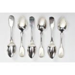 SET OF SIX EARLY VICTORIAN SILVER SPOONS, fiddle pattern tea spoons each comprising a personalised