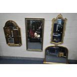 FOUR LATE 20TH CENTURY GILT FRAMED WALL MIRRORS, of various styles and sizes, largest mirror size
