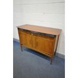 A MID CENTURY WALNUT SIDEBOARD, with two drawers over double cupboard doors, width 126cm x depth