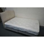 A JOHN LEWIS BEIGE UPHOLSTERED 4FT BEDSTEAD, with Vispring mattress (condition:-some stains to