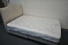 A JOHN LEWIS BEIGE UPHOLSTERED 4FT BEDSTEAD, with Vispring mattress (condition:-some stains to