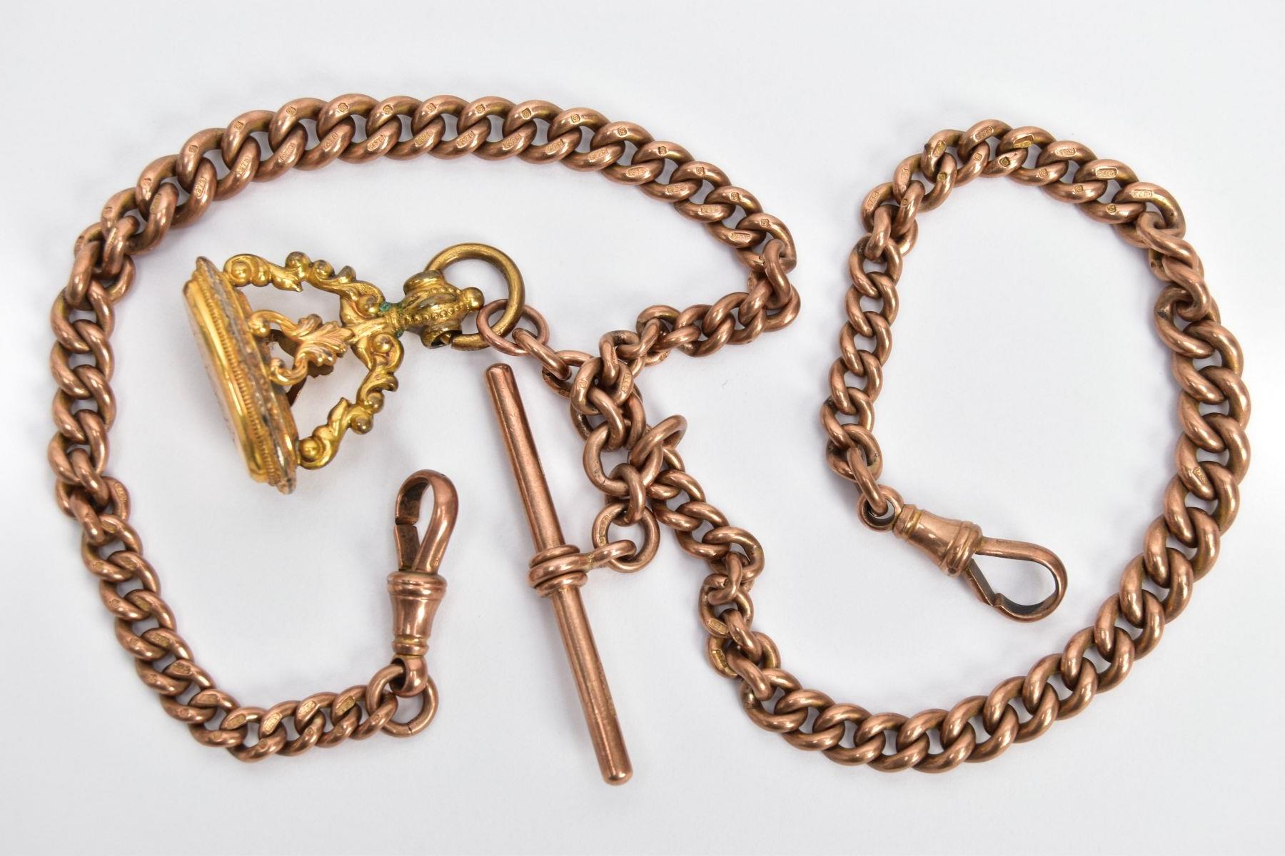 AN EARLY 20TH CENTURY 9CT GOLD DOUBLE ALBERT CHAIN, suspending a T-bar to the two lobster clasps,
