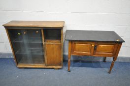 AN EDWARDIAN WALNUT MARBLE TOP WASHSTAND, and an oak bookcase, width 100cm x depth 30cm x height