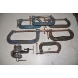SIX VARIOUS MALLEABLE G-CLAMPS comprising a No8, No4, No231/6, three No6 and a small unbranded