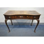 A REPRODUCTION MAHOGANY SERPENTINE SIDE TABLE with three drawers, on cabriole legs, width 109cm x