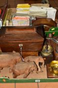 TWO BOXES OF TREEN, BOOKS AND MAPS, to include a tea caddy of sarcophagus form with inner boxes,