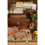 TWO BOXES OF TREEN, BOOKS AND MAPS, to include a tea caddy of sarcophagus form with inner boxes,