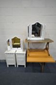 A PINE GATE LEG TABLE, along with a pair of white finish bedside chests, two white triple dressing