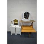 A PINE GATE LEG TABLE, along with a pair of white finish bedside chests, two white triple dressing