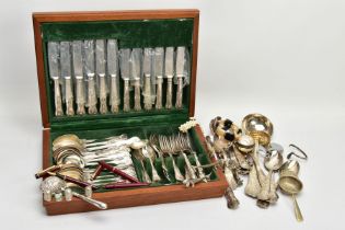 A CANTEEN OF CUTLERY AND OTHER ITEMS, to include a wooden canteen of kings pattern stainless steel