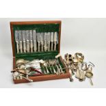 A CANTEEN OF CUTLERY AND OTHER ITEMS, to include a wooden canteen of kings pattern stainless steel
