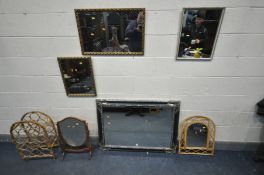 A QUANTITY OF MIRRORS, comprising a silver and blue painted bevelled edge wall mirror, width 107cm x