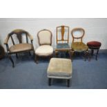 AN EARLY TO MID 20TH CENTURY OAK ARMCHAIR, along with three other chairs, a Late Victorian walnut