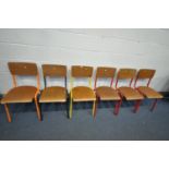 SIX METAL FRAMED STACKING CHAIRS, with wooden seat and back, three red, one yellow, one black, one