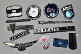 VINTAGE CAR BADGES / EMBLEMS ETC, to include an Aston Martin DB6 chrome and enamel badge (tiny dents