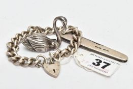 A SILVER BRACELET, FRUIT KNIFE AND A SWAN FIGURINE, curb link bracelet fitted with a heart padlock