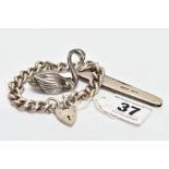 A SILVER BRACELET, FRUIT KNIFE AND A SWAN FIGURINE, curb link bracelet fitted with a heart padlock