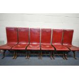 A SET OF SIX 1970'S SPANISH WOOD AND READ LEATHER HIGH BACK CHAIRS, with X-framed legs, united by