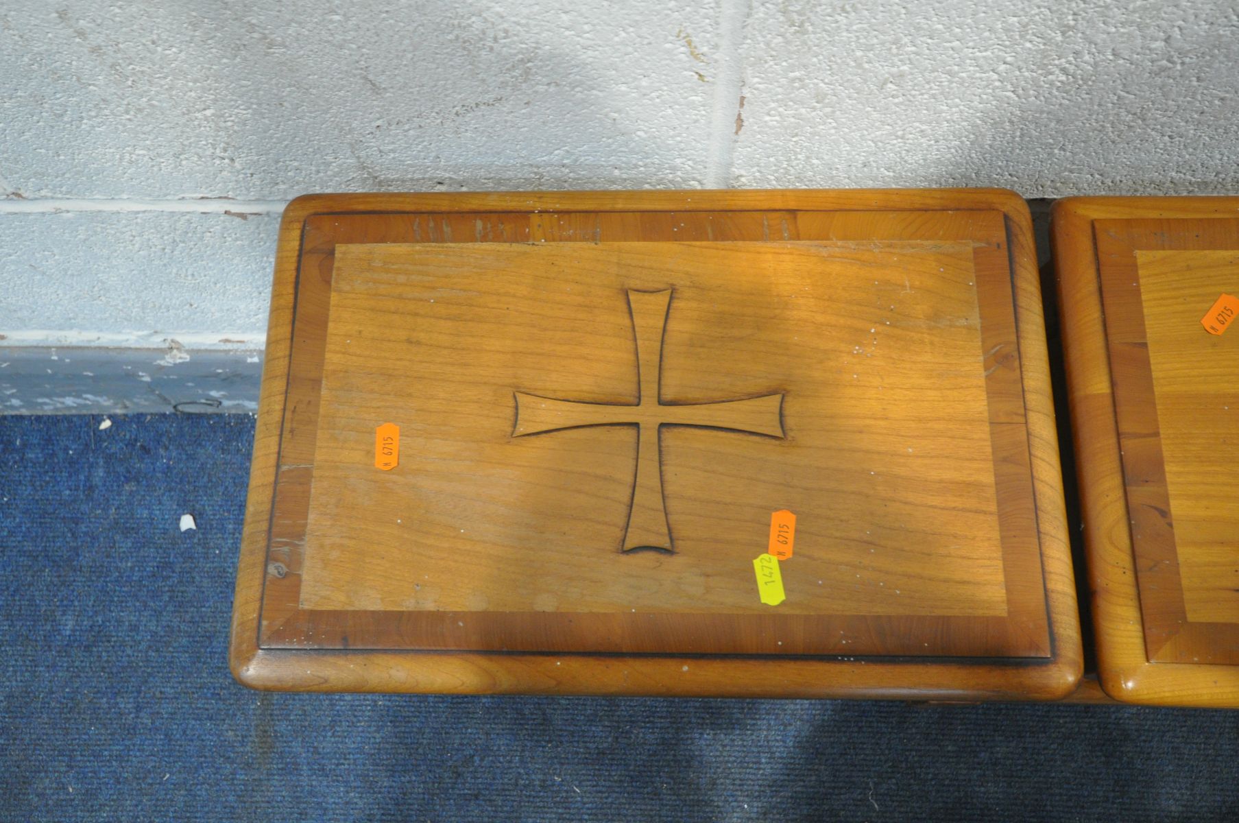 A PAIR OF SIMPSONS OF NORFOLK CHERRYWOOD AND CROSSBANDED MILLENNIUM STOOLS, the with a carved - Bild 2 aus 3